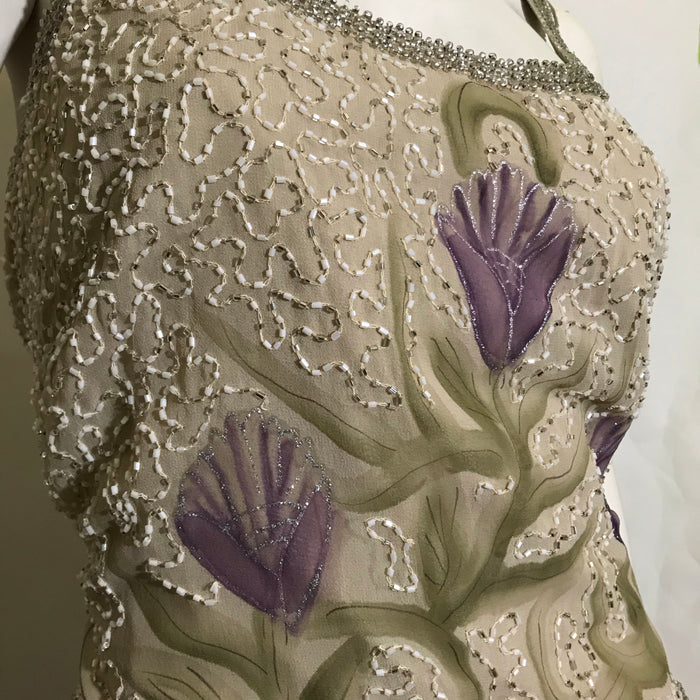 1930s Style Creme Colored Silk Dress and Jacket Hand Painted and Beaded circa 1990s