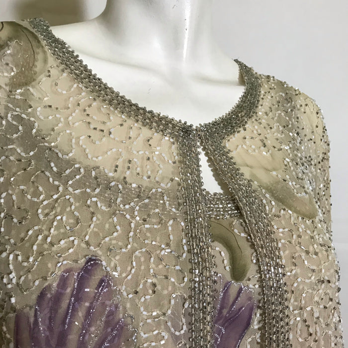 1930s Style Creme Colored Silk Dress and Jacket Hand Painted and Beaded circa 1990s