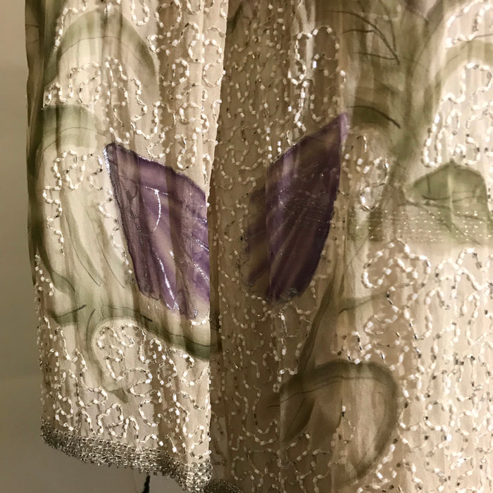 1930s Style Creme Colored Silk Dress and Jacket Hand Painted and Beaded circa 1990s