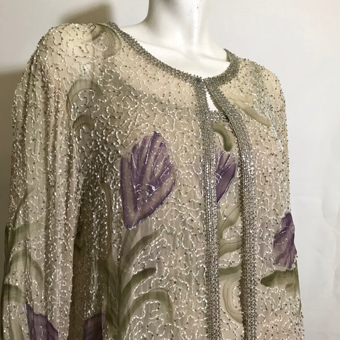 1930s Style Creme Colored Silk Dress and Jacket Hand Painted and Beaded circa 1990s