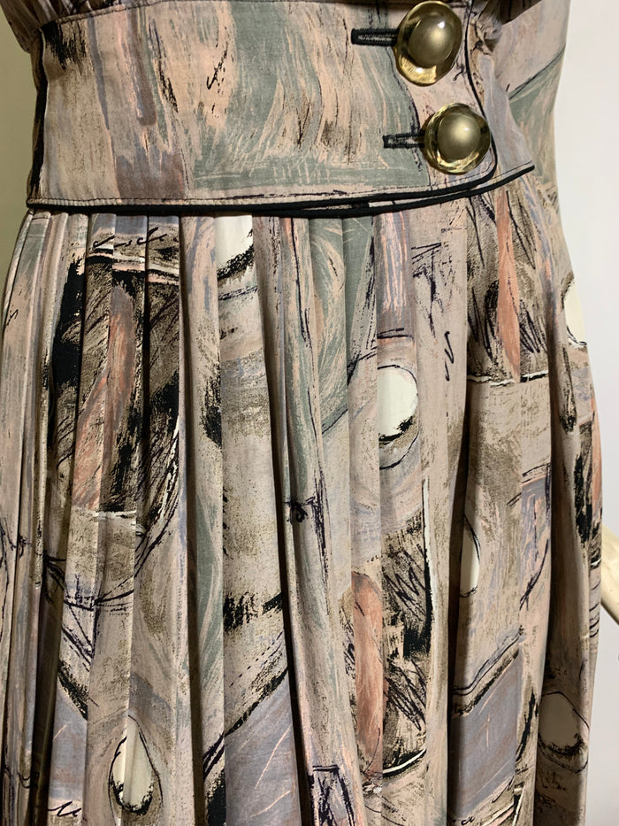 40s Inspired Abstract Art Print Rayon 2 Pc Dress Set circa 1980s