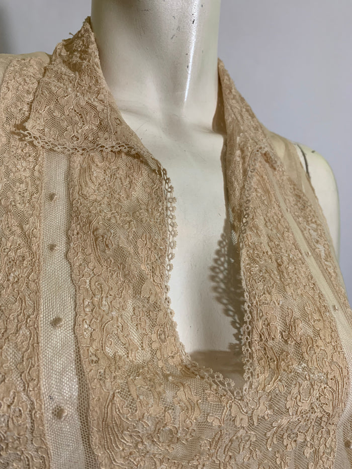 Sheer Ivory Mesh Lace Trimmed Layering Tunic Blouse circa 1920s