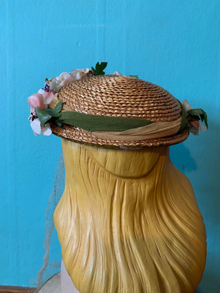 Summery Small Straw Flower Trimmed Hat circa 1950s