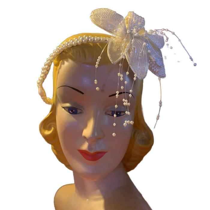Beaded Lily Faux Pearl Bridal Headpiece circa 1980s