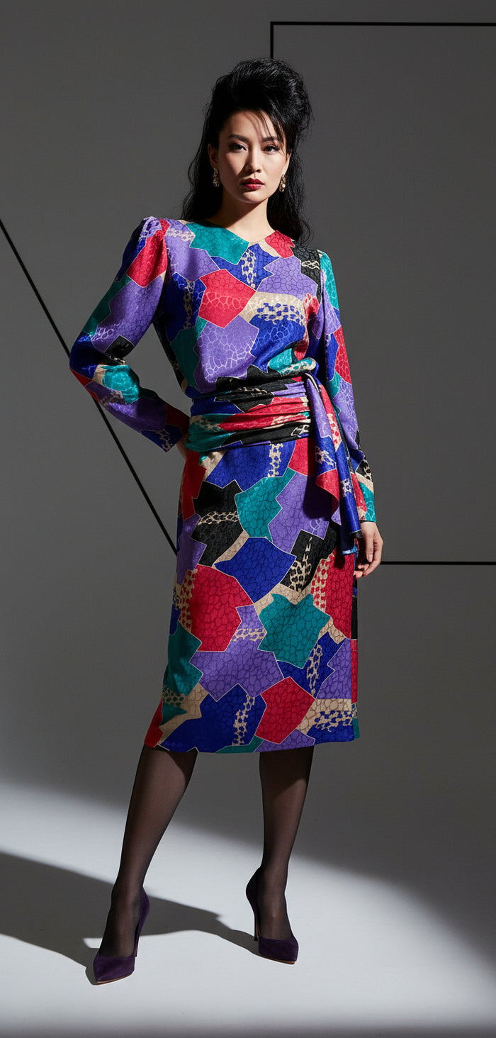 Black and Bright Colors Abstract Print Blouson Bodice Dress  circa 1980s