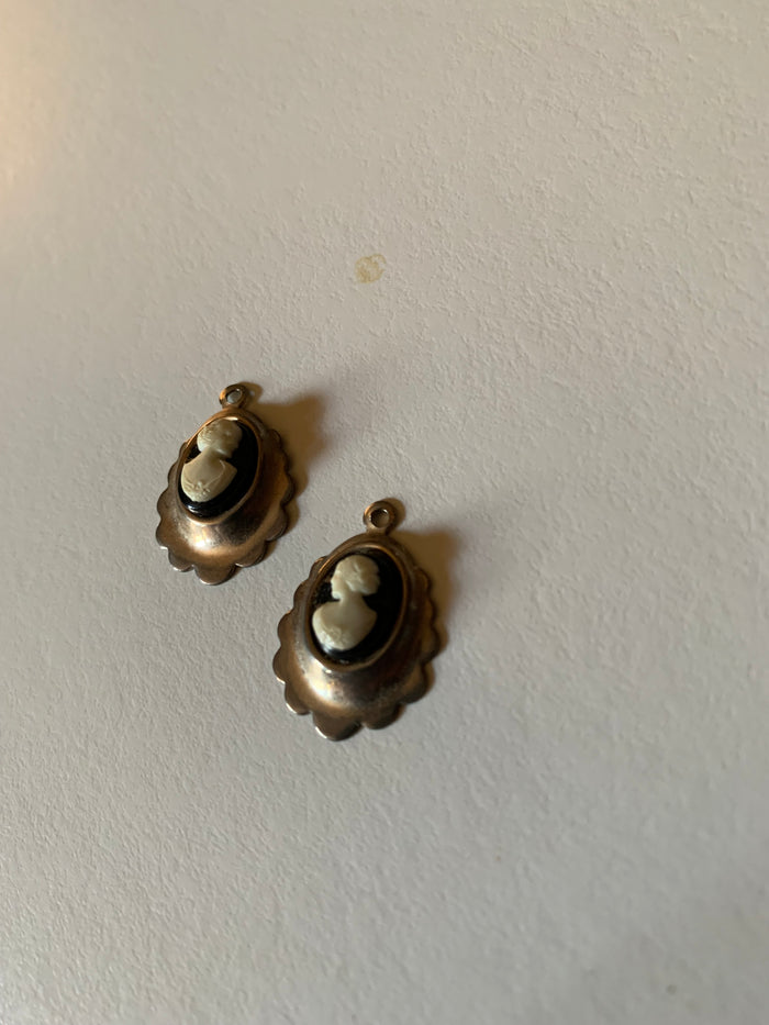 Black and Silver Plated Cameo Style Earrings Pendants circa 1940s