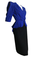 Blade Runner Chic Black and Blue Suit Dress with Peplum circa 1980s