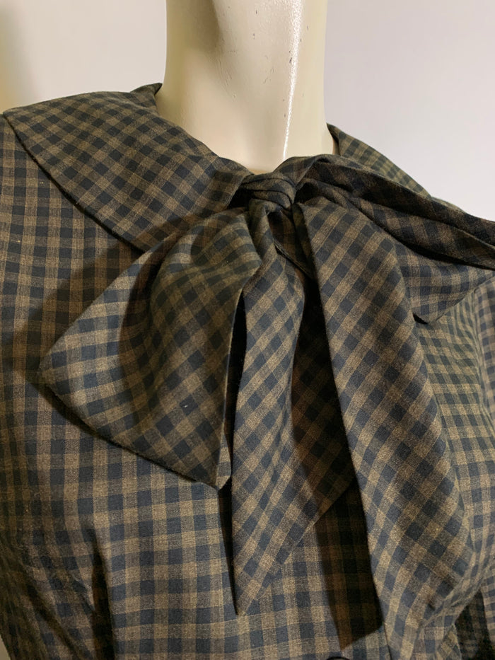 Blue and Tan Gingham Dress with Bow Collar and Full Skirt circa 1960s
