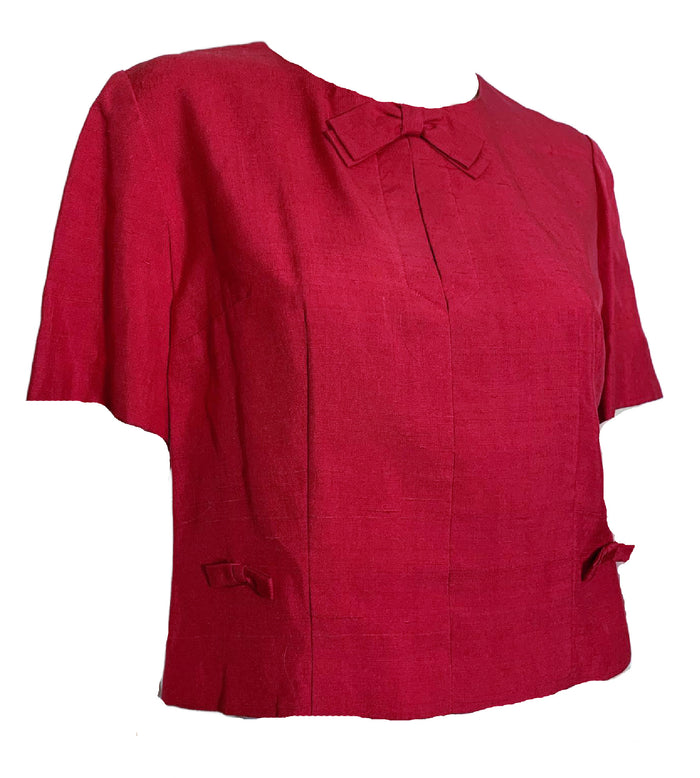 Brilliant Pink Silk Cropped Blouse with Zip Back and Bows circa 1960s