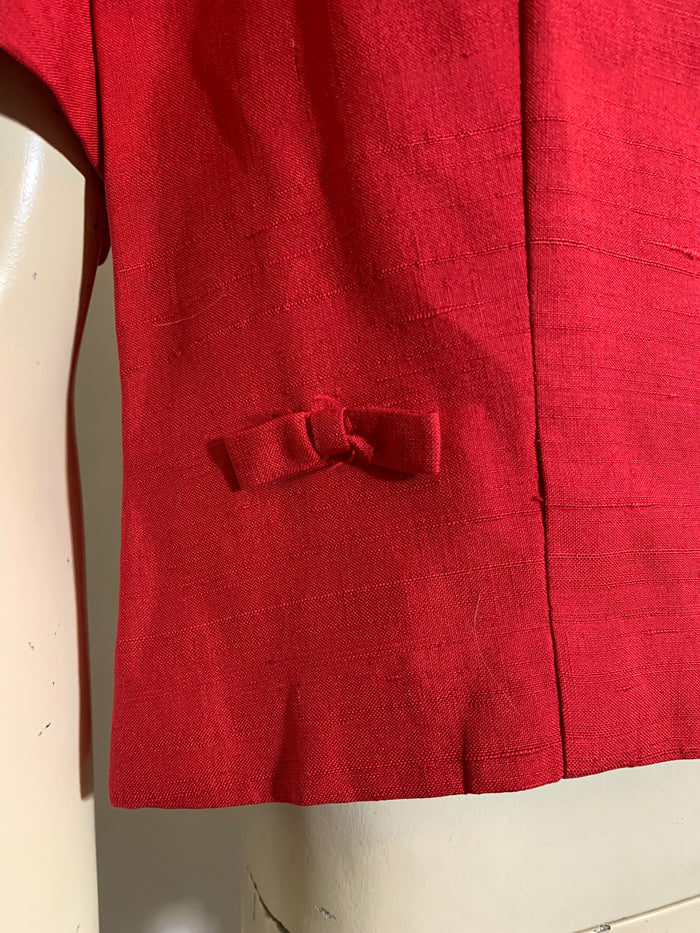Brilliant Pink Silk Cropped Blouse with Zip Back and Bows circa 1960s
