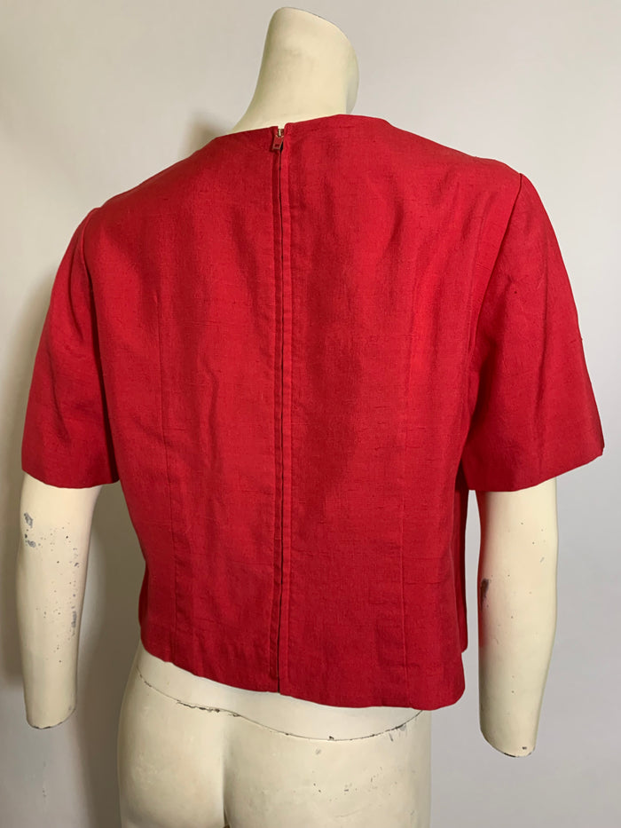 Brilliant Pink Silk Cropped Blouse with Zip Back and Bows circa 1960s
