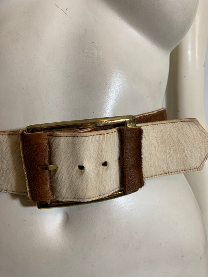 Brown and White Cowhide Wide Leather Belt circa 1970s