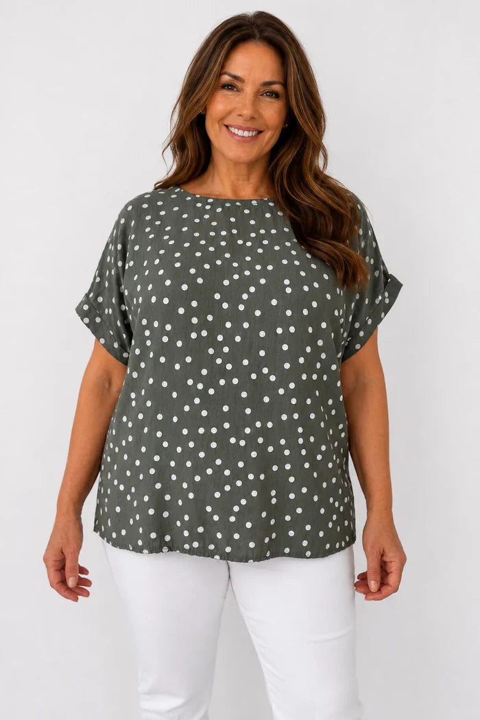 Button Back Polka Dot Maggie Top - Khaki