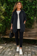 Button Sleeve Double Pocket Drawstring Hem Zipped Emila Hooded Jacket - Black