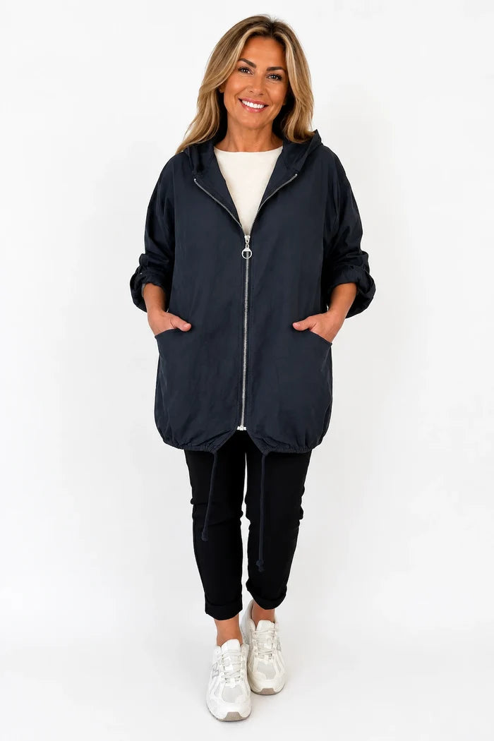 Button Sleeve Double Pocket Drawstring Hem Zipped Emila Hooded Jacket - Black