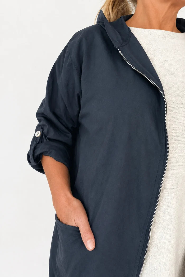Button Sleeve Double Pocket Drawstring Hem Zipped Emila Hooded Jacket - Black