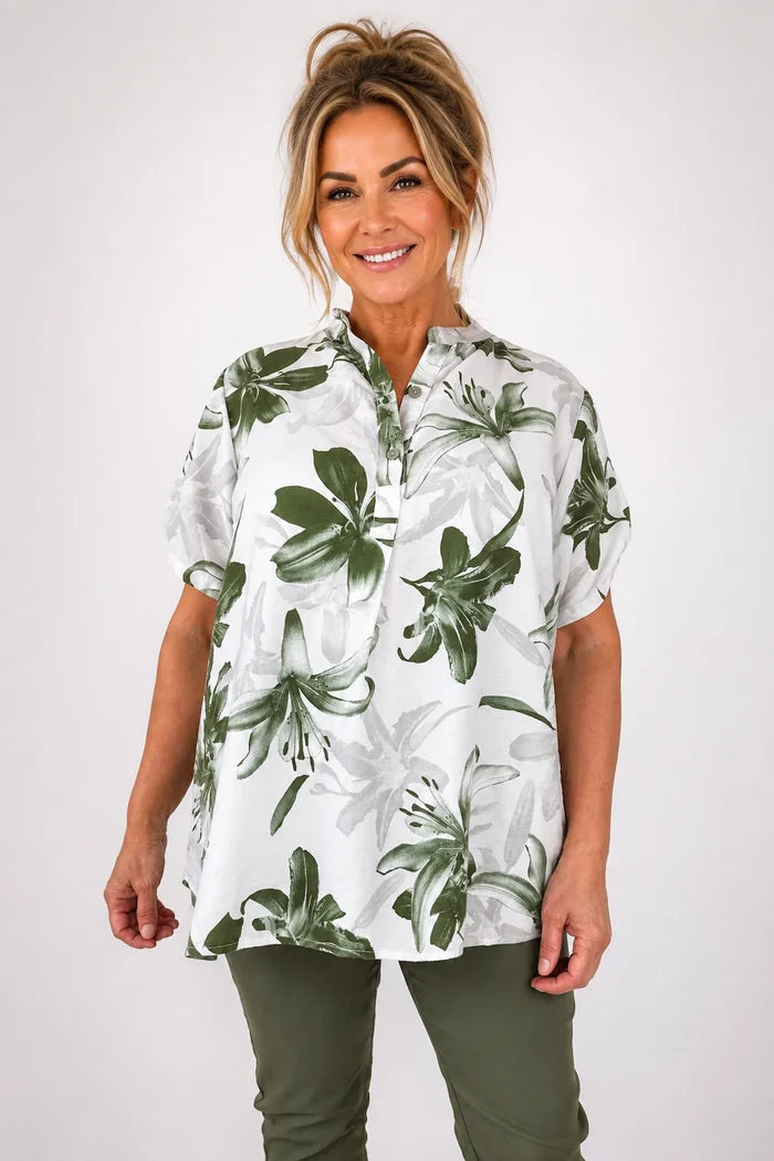 Button Sleeve Savannah Floral Button Shirt - Jungle Green