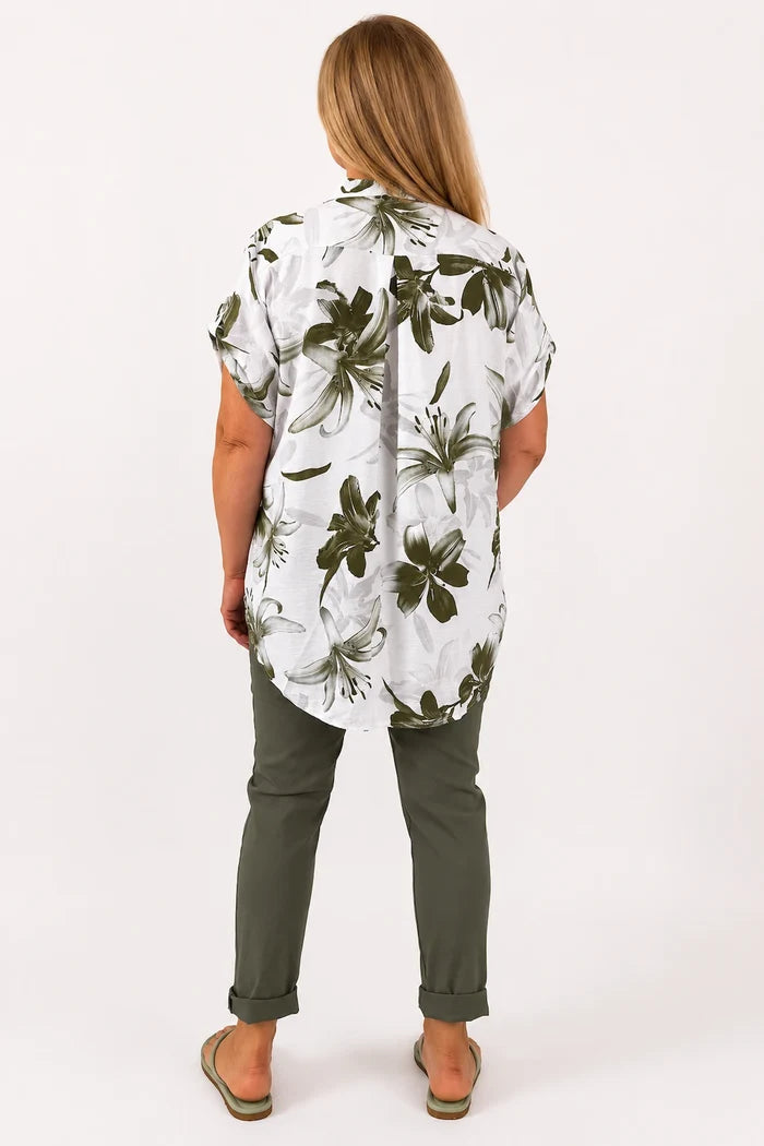 Button Sleeve Savannah Floral Button Shirt - Jungle Green