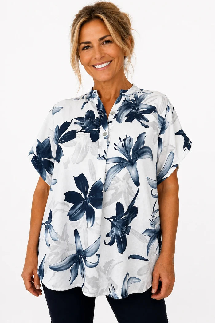 Button Sleeve Savannah Floral Button Shirt - Navy