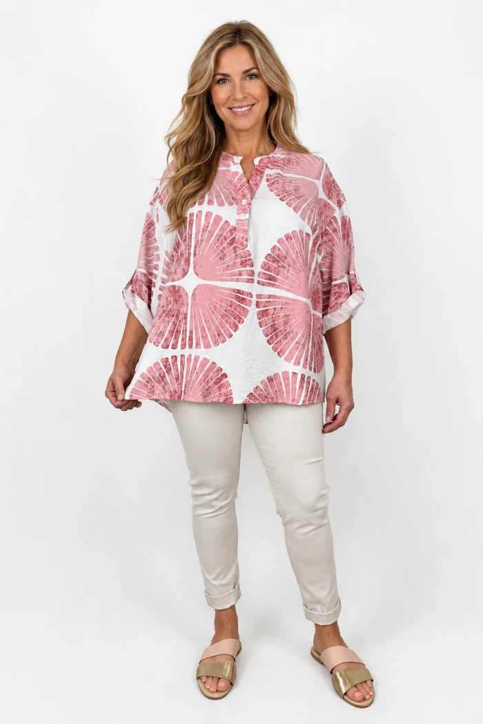 Button Sleeve Telia Tropical Button Shirt - Salmon Pink