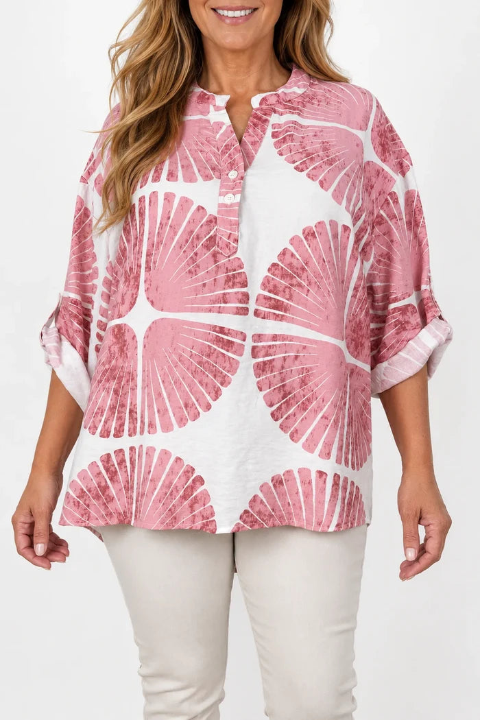 Button Sleeve Telia Tropical Button Shirt - Salmon Pink