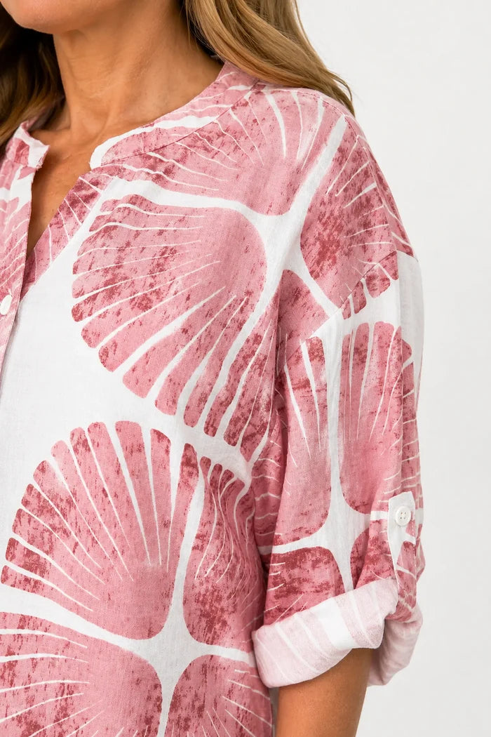 Button Sleeve Telia Tropical Button Shirt - Salmon Pink