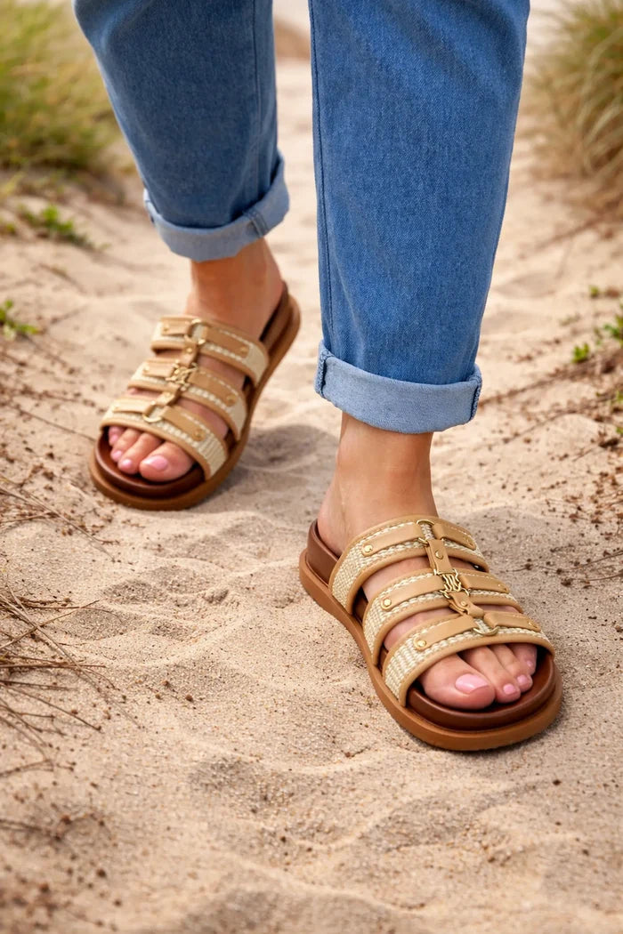 Carletta Woven Gold Buckle Slider Sandal - Espresso Tan