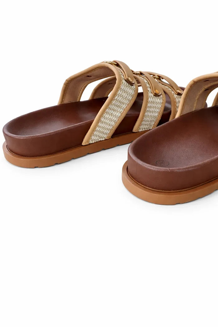 Carletta Woven Gold Buckle Slider Sandal - Espresso Tan