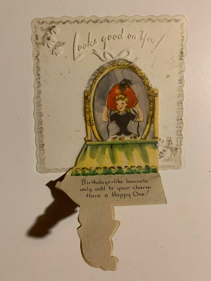 Cellophane Woman In Mirror Folding Birthday Card 1940s