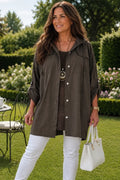 Cotton Double Flap Pocket Button Sleeve Izzy Hooded Overshirt - Chocolate