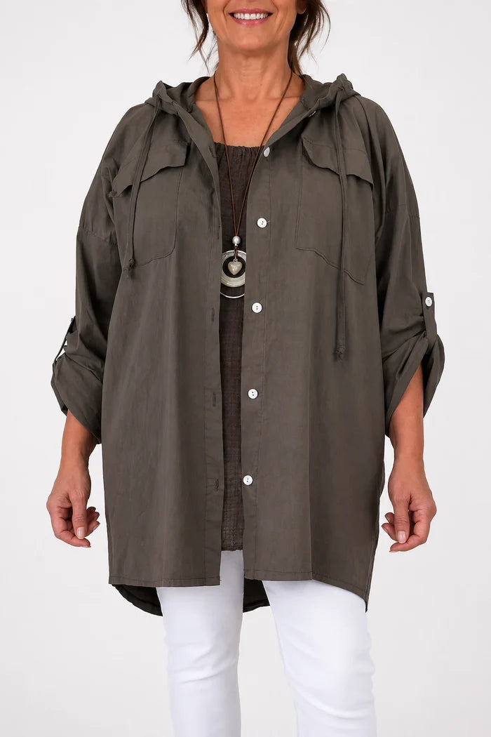 Cotton Double Flap Pocket Button Sleeve Izzy Hooded Overshirt - Chocolate