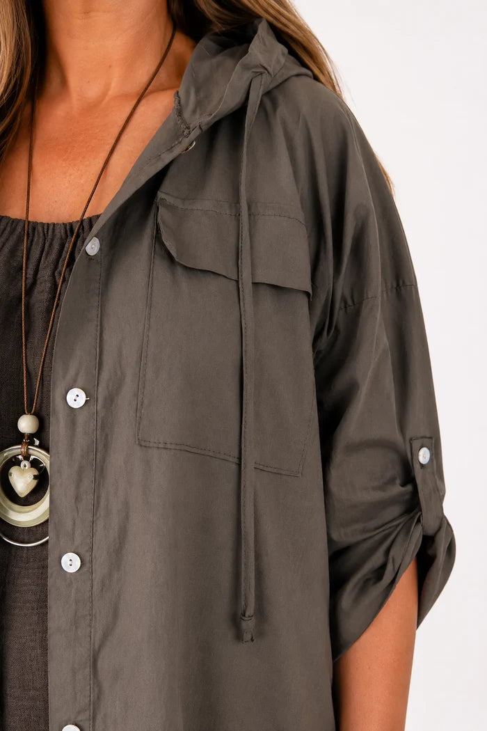 Cotton Double Flap Pocket Button Sleeve Izzy Hooded Overshirt - Chocolate