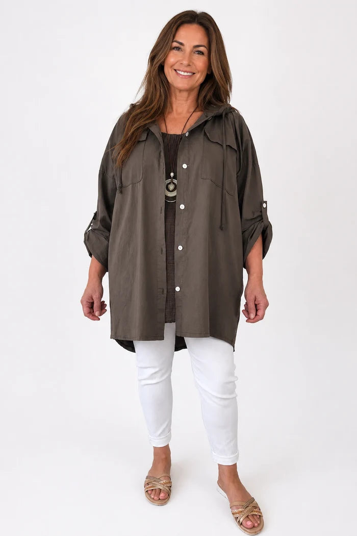 Cotton Double Flap Pocket Button Sleeve Izzy Hooded Overshirt - Chocolate