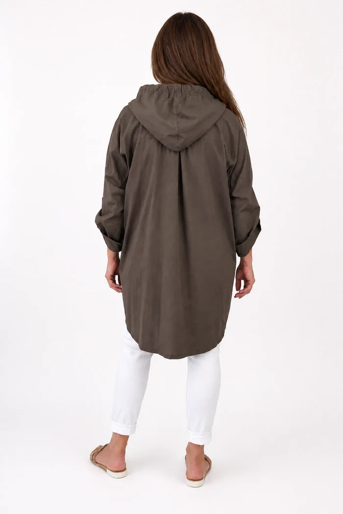 Cotton Double Flap Pocket Button Sleeve Izzy Hooded Overshirt - Chocolate