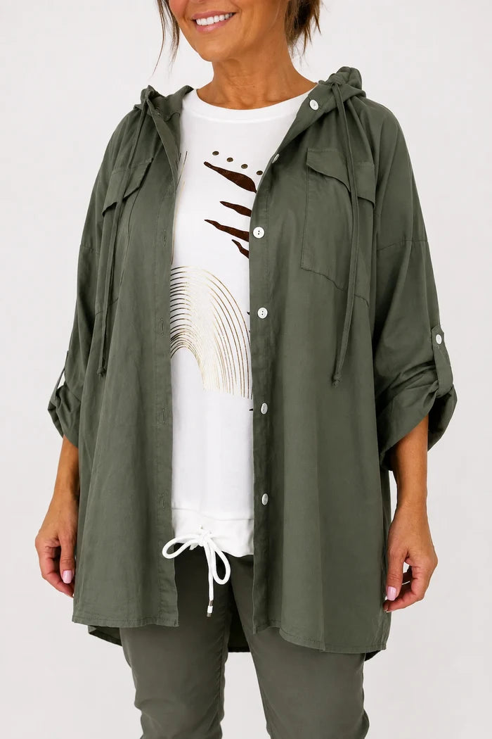 Cotton Double Flap Pocket Button Sleeve Izzy Hooded Overshirt - Khaki