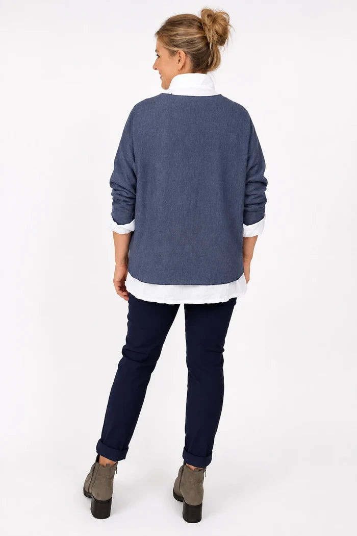 Cotton Fine Knit Two In One Mira Top - Navy