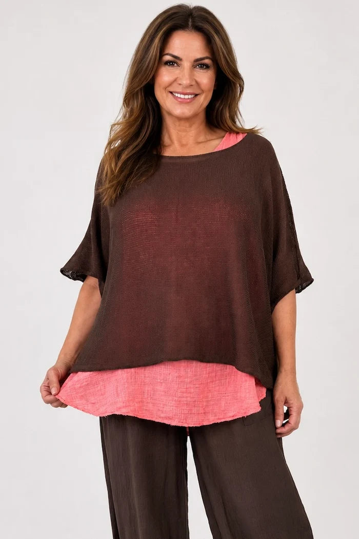 Cotton Seam Sleave Knit Batwing Jude Top - Chocolate