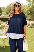 Cotton Seam Sleave Knit Batwing Jude Top - Navy