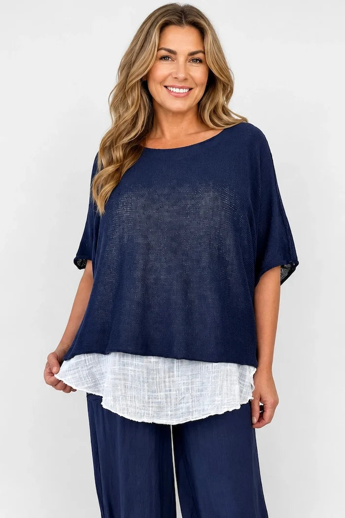 Cotton Seam Sleave Knit Batwing Jude Top - Navy