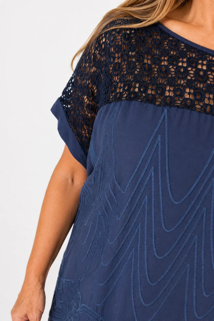 Crochet Detail Embroidery Anglaise Hem Francis Top - Navy