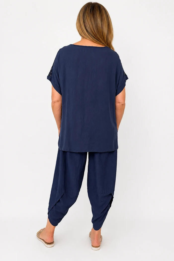 Crochet Detail Embroidery Anglaise Hem Francis Top - Navy