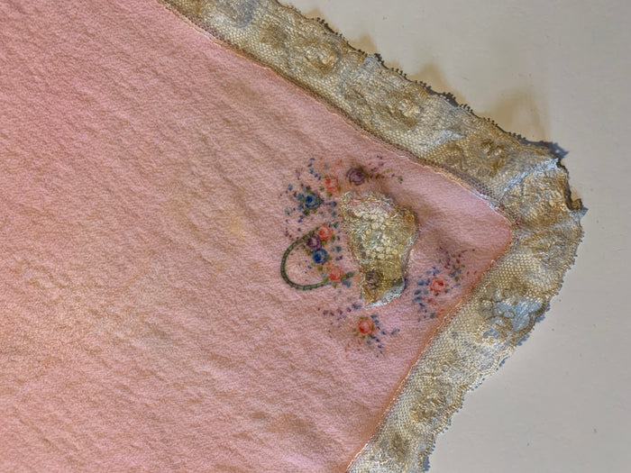 Dainty Pink Silk Handkerchief with Embroidered Flower Basket and Lace circa 1920s