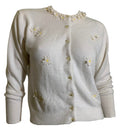 Daisy Chain Applique Trimmed White Orlon Cardigan Sweater circa 1950s