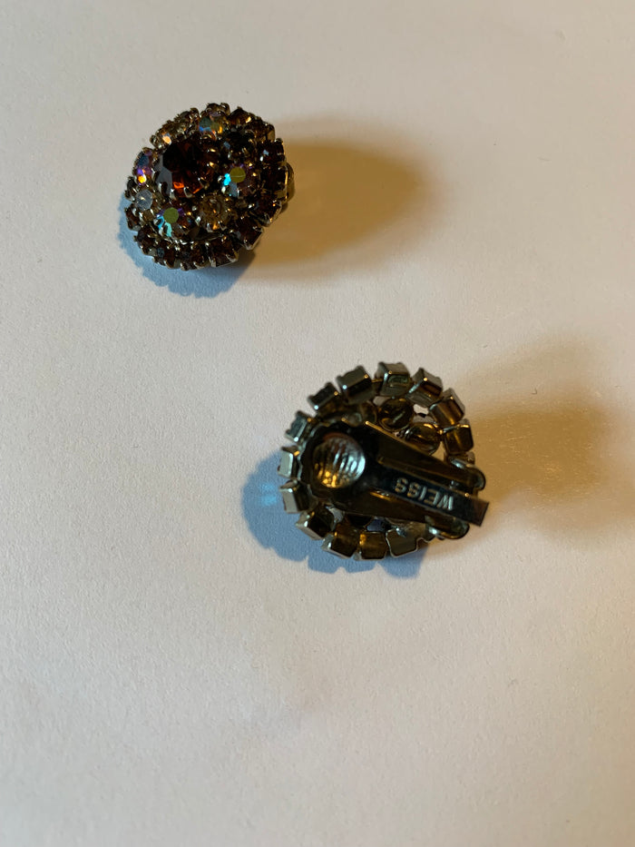 Dark Honey Rhinestone Circle Clip Earrings circa 1960s Weiss