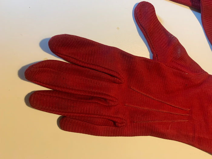 Deep Red Ribbed Nylon Gloves circa 1940s