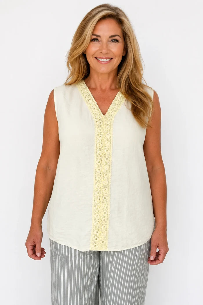 Embroidered Trim Carvela Sleeveless Top - Limoncello