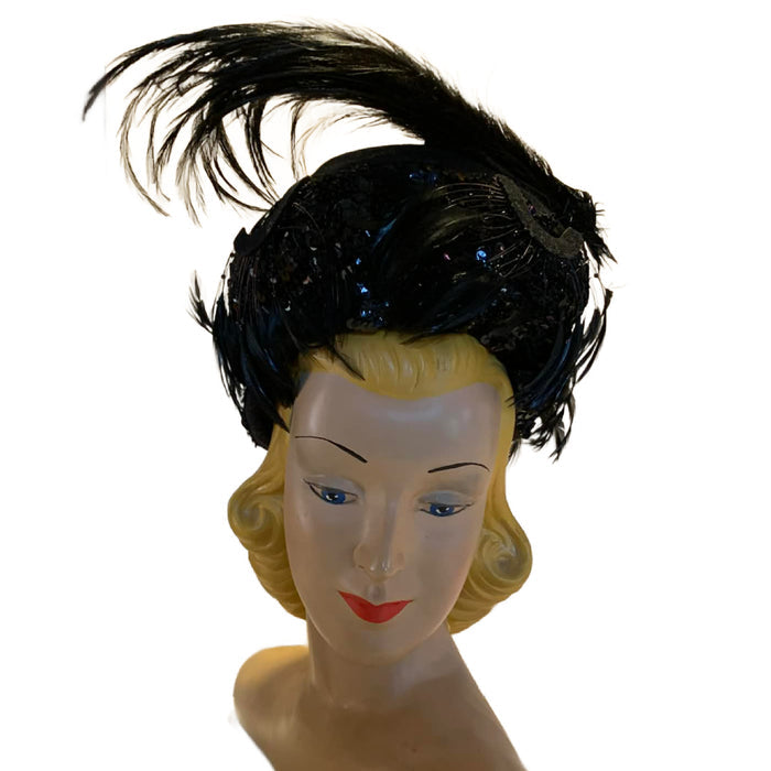 Feather and Sequins Turban Inspired Black Wool Hat circa 1940s