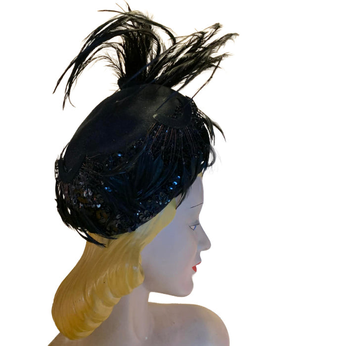 Feather and Sequins Turban Inspired Black Wool Hat circa 1940s