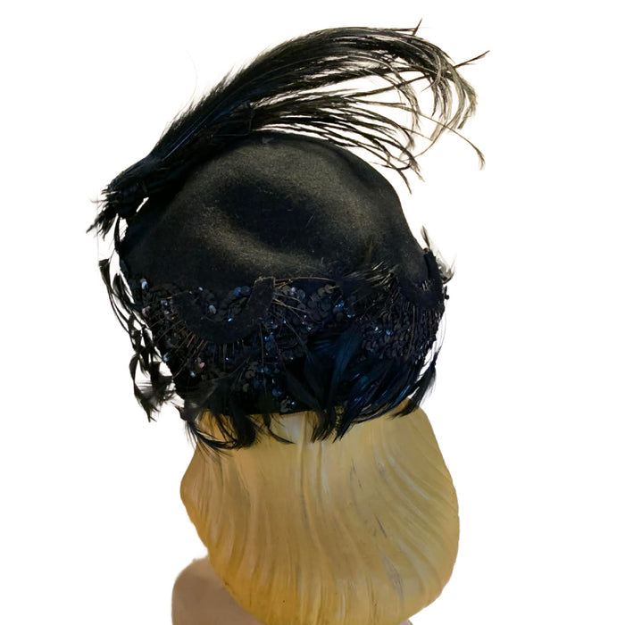 Feather and Sequins Turban Inspired Black Wool Hat circa 1940s