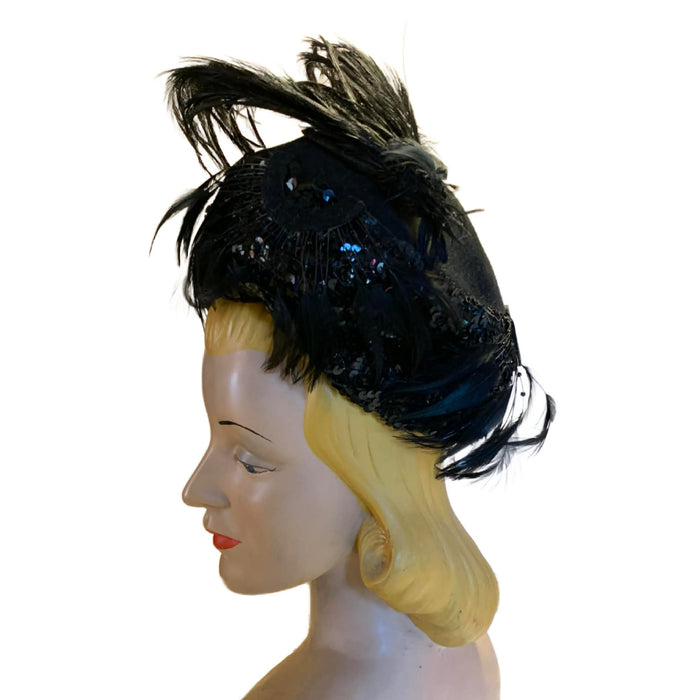 Feather and Sequins Turban Inspired Black Wool Hat circa 1940s